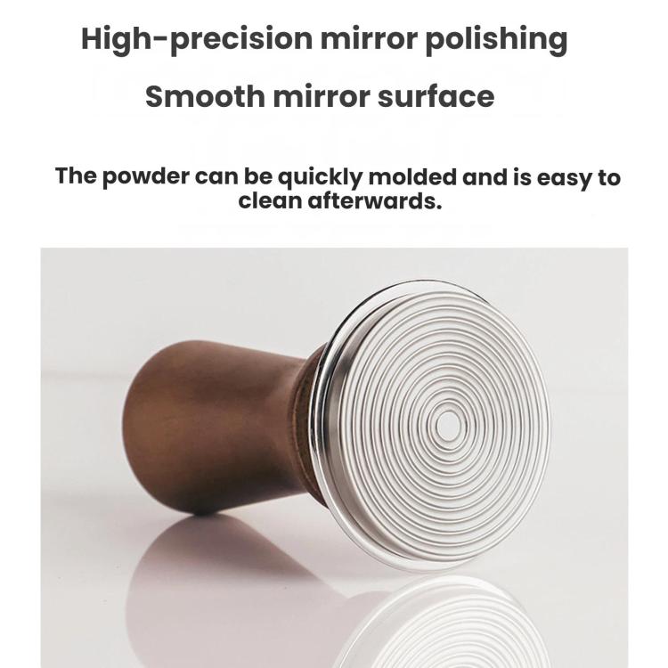 Constant force coffee tamper showing stainless steel disc and dark wood handle