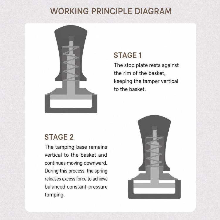 Constant force tamper working principle diagram with spring mechanism stages