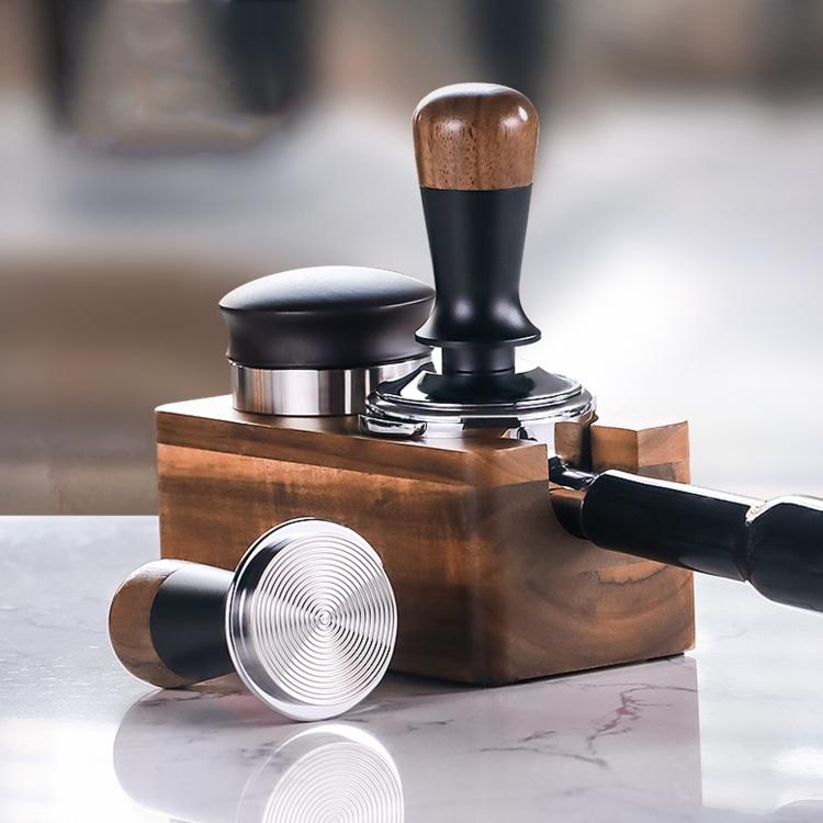Coffee tamper with walnut handle and ridged stainless steel pressing plate