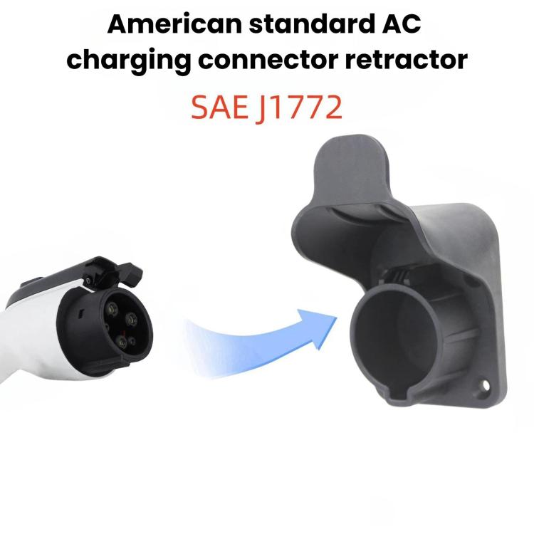 J1772 AC charging connector retractor with wall-mount housing and connector plug