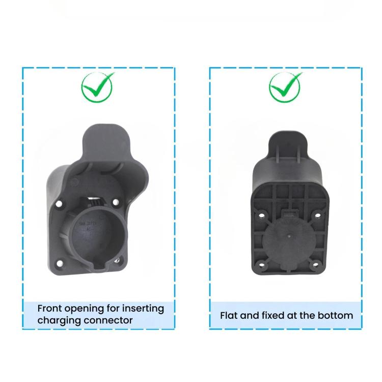 J1772 charging connector retractor housing, front opening and bottom fixing