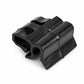 Black plastic storage compartment securing clip with snap-lock tabs