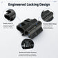 Black locking securing clip with reinforced contact surfaces for a storage box