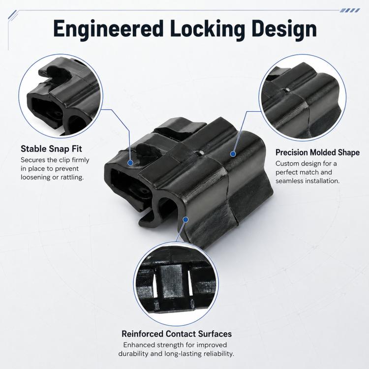 Black locking securing clip with reinforced contact surfaces for a storage box