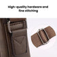 Men's vintage crossbody bag close-up: metal clip hardware and neat stitched strap loop