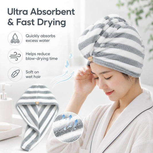 Microfiber hair towel turban with bear button, gray and white striped hood