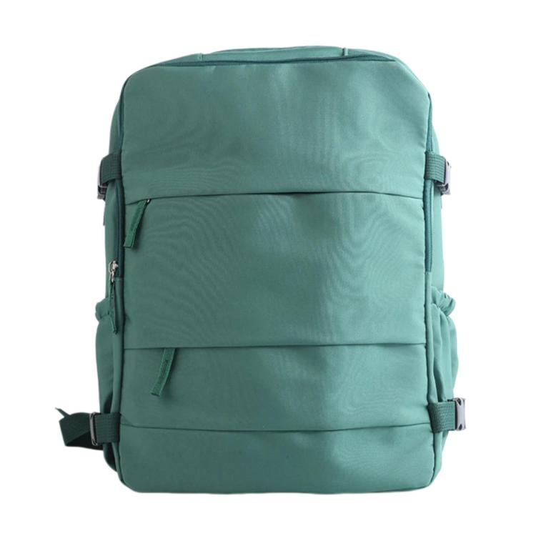 Green outdoor travel backpack with front zip pocket and padded shoulder straps