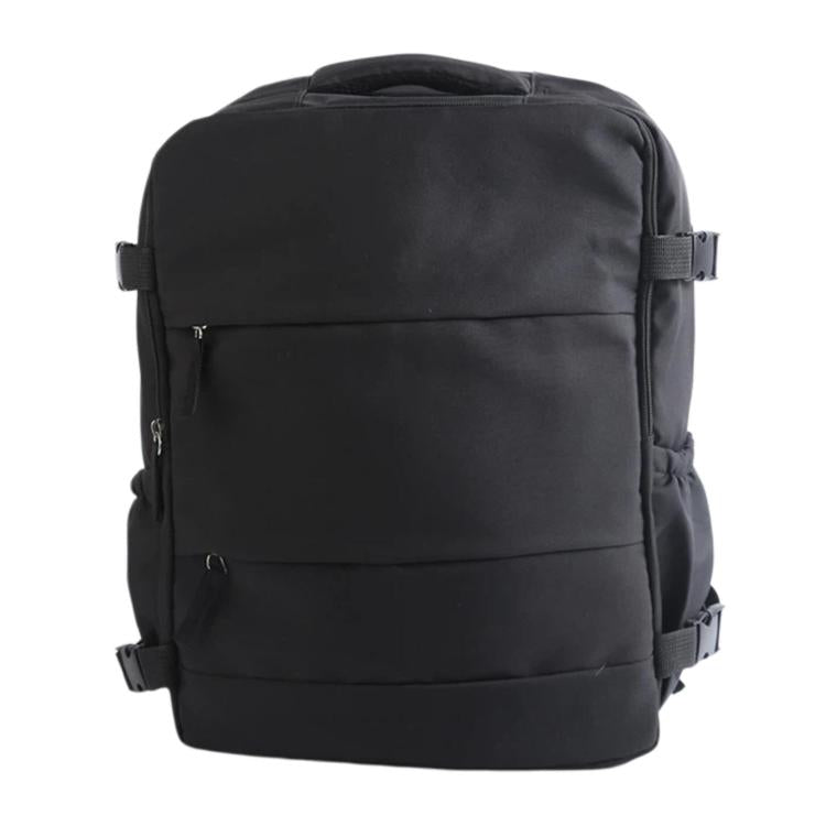 Black outdoor travel backpack with front zipper panel and side adjustment straps