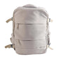 Light gray outdoor travel backpack with front zipper panel and side straps