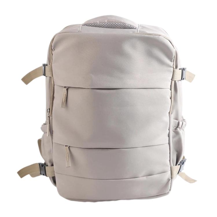 Light gray outdoor travel backpack with front zipper panel and side straps