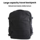 Black large-capacity travel backpack with top carry handle and front zipper seam