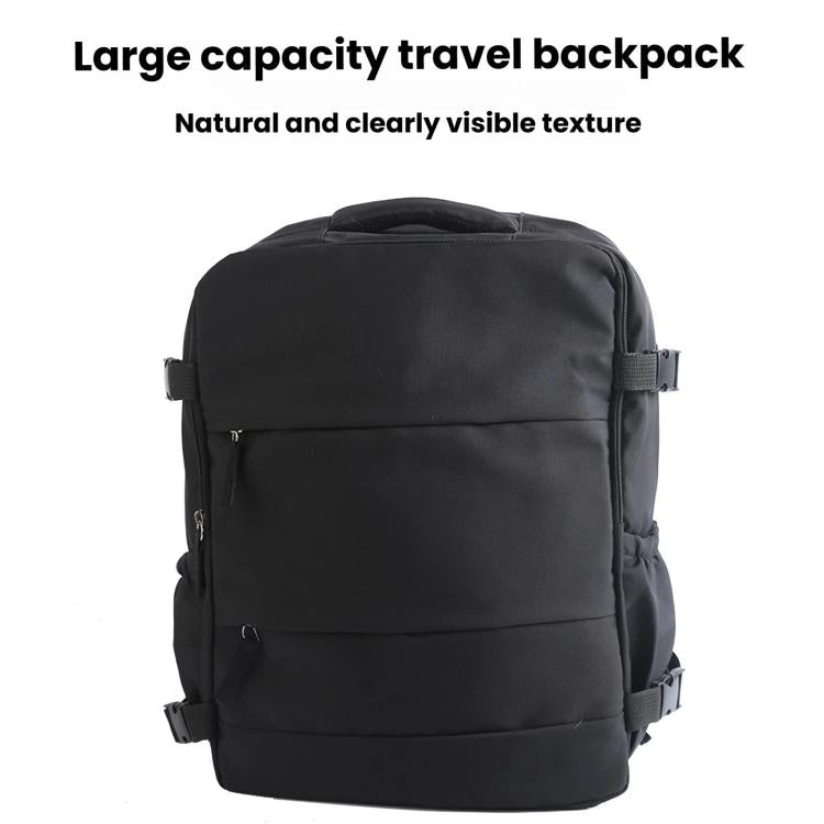 Black large-capacity travel backpack with top carry handle and front zipper seam