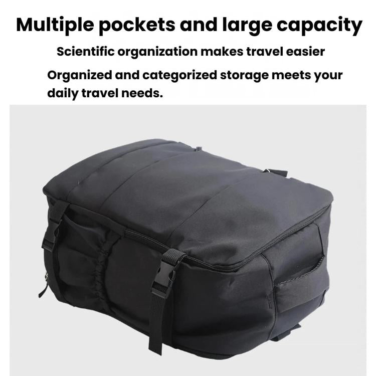 Black travel backpack with wide top opening and side carry straps