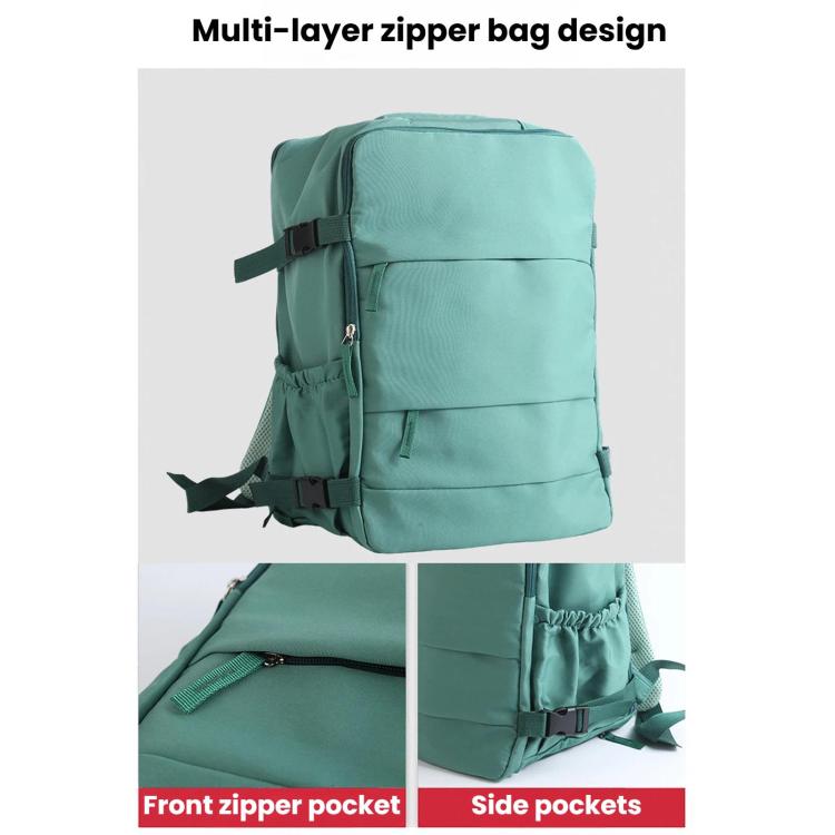 Green travel backpack with front zipper pocket and side pockets