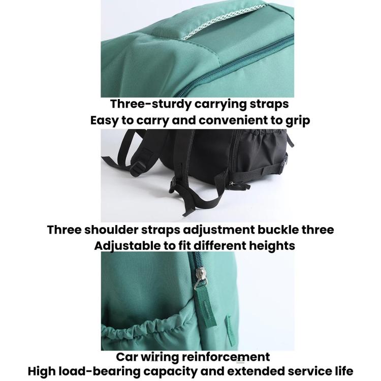 Green backpack with three carrying straps and height adjustment buckles