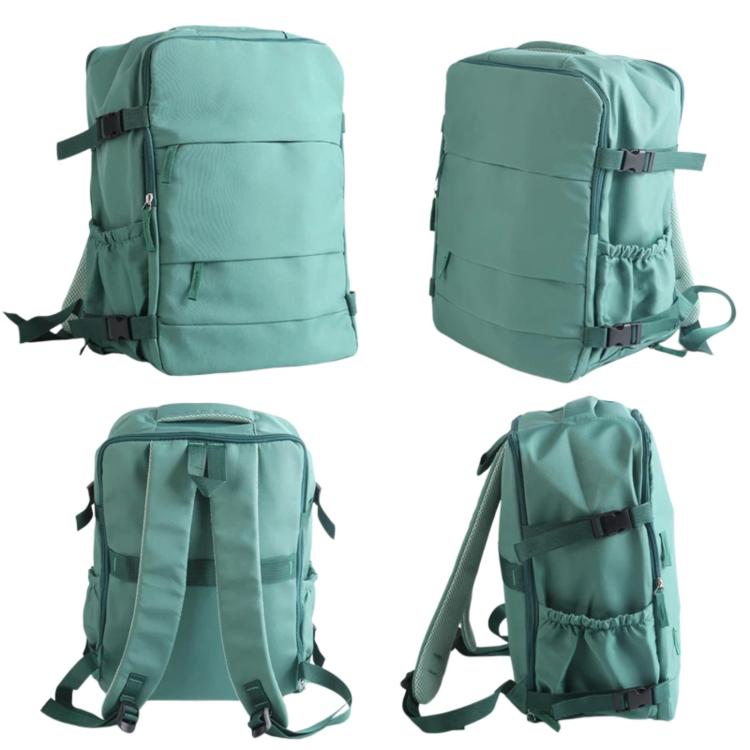 Green travel backpack with adjustable shoulder straps and side cinch pocket