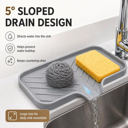 Large Silicone Sponge Holder for Kitchen Bathroom Sink 5-Degree Slanted Sink Tray with Drain Spout