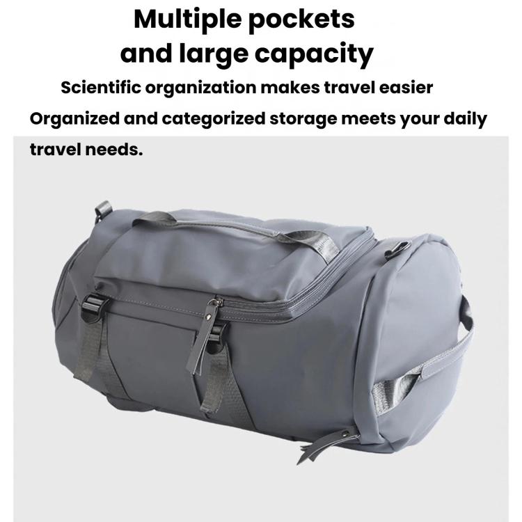 Gray duffel travel bag with multiple pockets and wide opening top