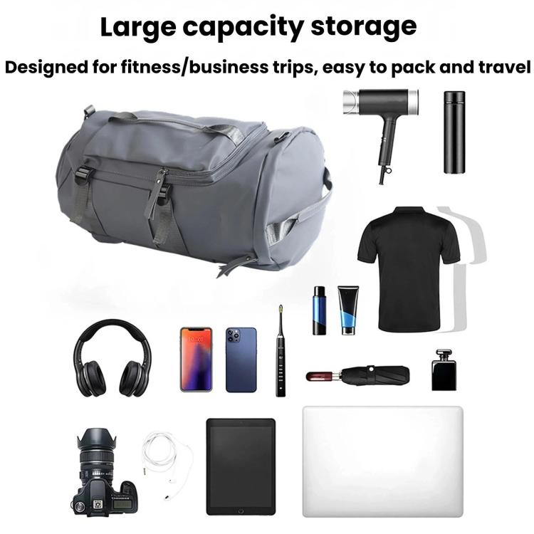 Gray duffel-style travel bag with zipper top and front organizer pocket