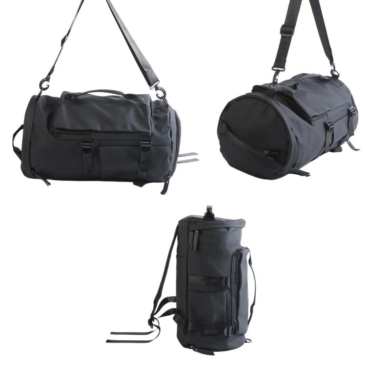Black and gray duffel travel bags with shoulder straps, side handle, and front pocket