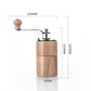 Light wood hand coffee grinder with crank handle; front profile with size markings