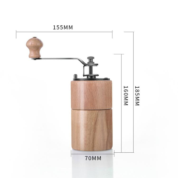 Light wood hand coffee grinder with crank handle; front profile with size markings