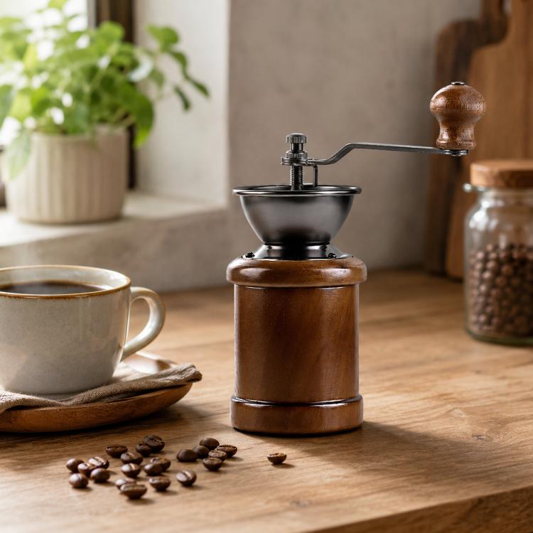 Light wood hand-cranked coffee grinder with black hopper and crank handle