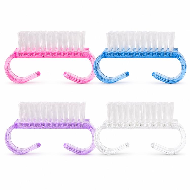 Four-pack glitter nail scrub brushes with horn handles, mixed blue purple and white
