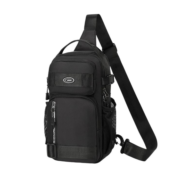 Black sports chest bag with front pocket and adjustable shoulder strap