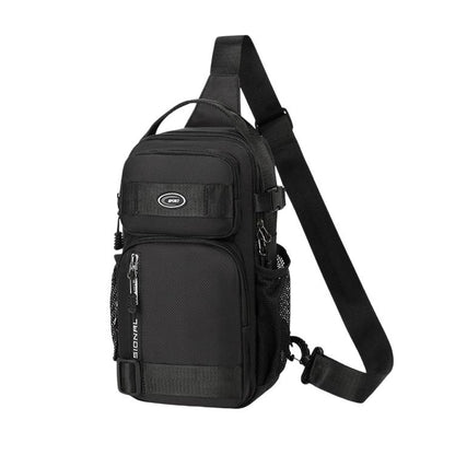Black sports chest bag with front pocket and adjustable shoulder strap