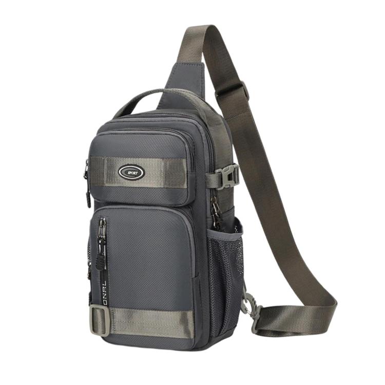 Grey sports chest bag with two front zip pockets and adjustable shoulder strap