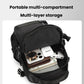 Black chest bag open to show multi-layer storage with phone and accessories pockets