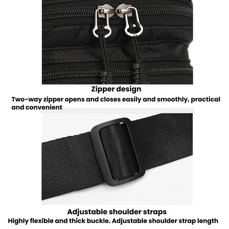 Black two-way zip chest bag with adjustable webbing shoulder strap and buckle