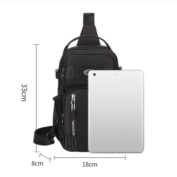 Black chest bag with front zip pocket, shown beside 18cm x 8cm size dimensions
