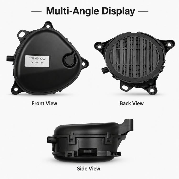 Pedestrian warning speaker buzzer showing front, back, and side views, black housing