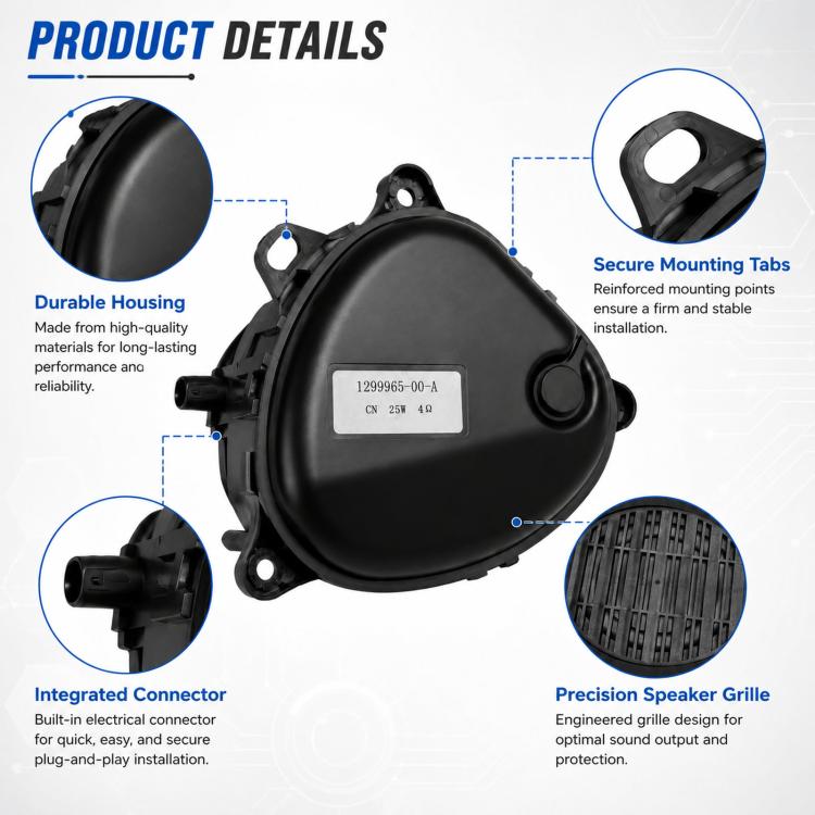 Black pedestrian warning speaker buzzer with mounting tabs and speaker grille detail