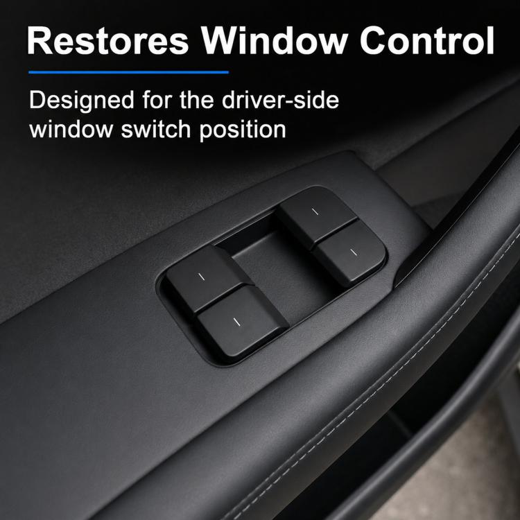 Mounted driver window switch with four black buttons on dark door panel