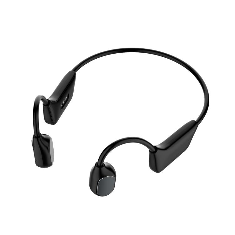 Black open-ear bone conduction wireless hearing aid earphones, dual earpieces.