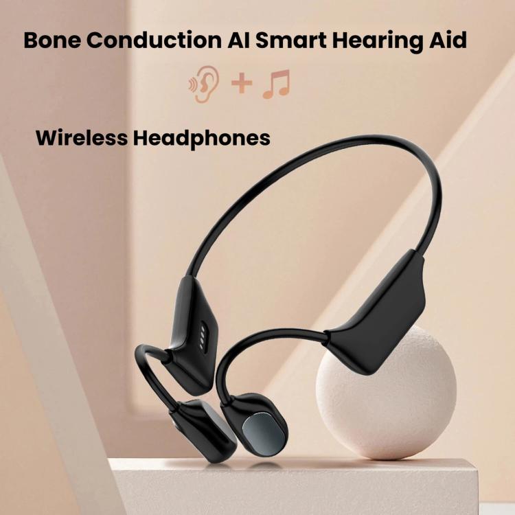 Black open-ear bone conduction headphones with over-ear band and two earpieces.
