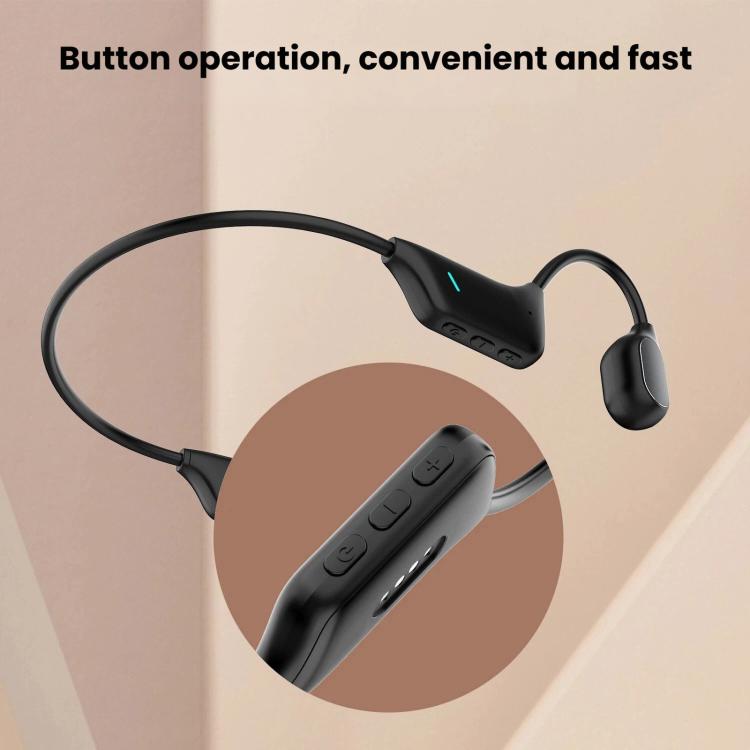 Black bone conduction headset showing control buttons on the ear-mounted module.