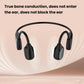 Black open-ear bone conduction hearing aid with two ear-hugging earpieces, open design.