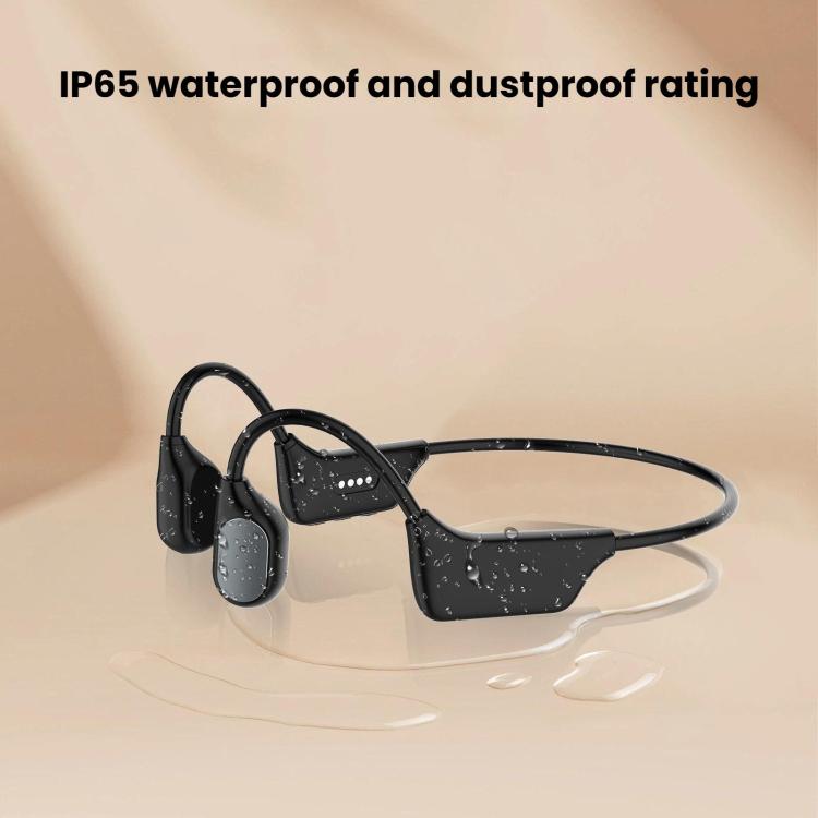 Black open-ear bone conduction wireless earphones with water-resistant build features.