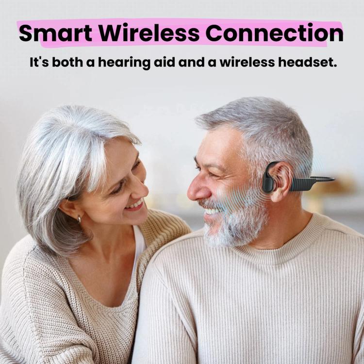 Black bone conduction hearing aid headset with open-ear earpieces on both sides.