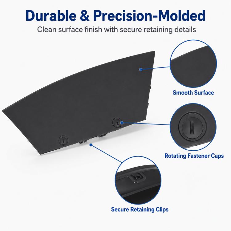 Black rear tow hook cover with smooth surface and retaining clips