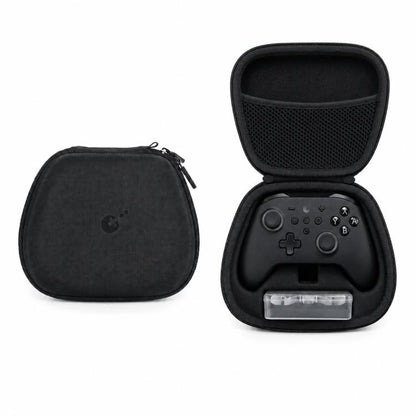 Hard-shell controller carrying case with open lid, mesh pocket, and zipper closure