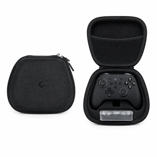 Hard-shell controller carrying case with open lid, mesh pocket, and zipper closure