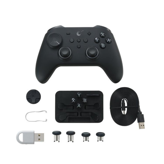 Black wireless game controller with adjustable joysticks, ABXY buttons, and accessory set