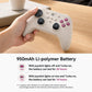 White wireless game controller held in hand, with black thumbsticks and face buttons