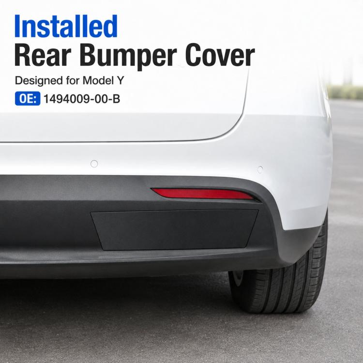 Installed matte black rear bumper cover on white Tesla Model Y rear bumper