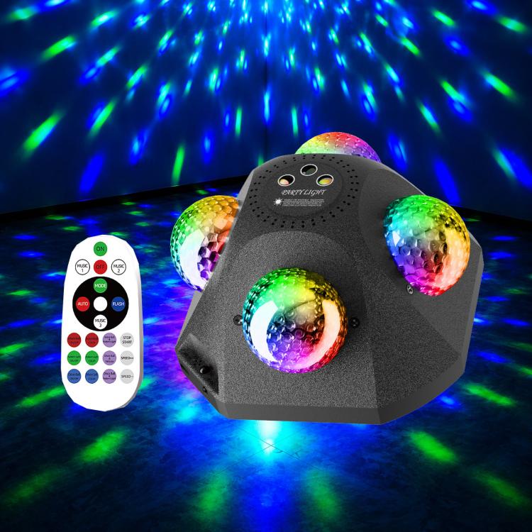 LED stage strobe light with three glowing rainbow lens balls and white remote control
